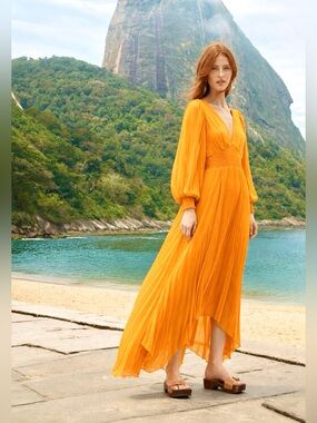 NWOT ALICE + OLIVIA Scion Whimsical Long Sleeve Sheer Pleated V Neck MIDI Dress